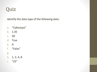 Quiz
Identify the data type of the following data:
a. “Cyberjaya”
b. 1.35
c. 50
d. True
e. A
f. “False”
g.
h. 1, 2, 4, 8
i. “25”
 