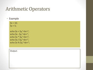 Arithmetic Operators
• Example
$x = 10;
$y = 5;
echo $x + $y,"<br>";
echo $x - $y,"<br>";
echo $x * $y,"<br>";
echo $x / $y,"<br>";
echo $x % $y,"<br>";
Output:
 