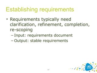 Establishing requirements
• Requirements typically need
clarification, refinement, completion,
re-scoping
– Input: requirements document
– Output: stable requirements
67
 