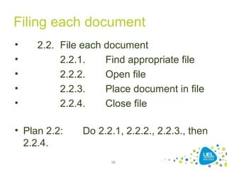 Filing each document
• 2.2. File each document
• 2.2.1. Find appropriate file
• 2.2.2. Open file
• 2.2.3. Place document in file
• 2.2.4. Close file
• Plan 2.2: Do 2.2.1, 2.2.2., 2.2.3., then
2.2.4.
96
 