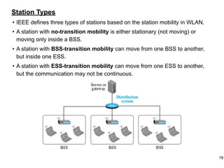 Station Types
• IEEE defines three types of stations based on the station mobility in WLAN.
• A station with no-transition mobility is either stationary (not moving) or
moving only inside a BSS.
• A station with BSS-transition mobility can move from one BSS to another,
but inside one ESS.
• A station with ESS-transition mobility can move from one ESS to another,
but the communication may not be continuous.
18
 