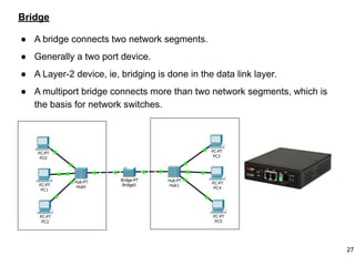 Bridge
● A bridge connects two network segments.
● Generally a two port device.
● A Layer-2 device, ie, bridging is done in the data link layer.
● A multiport bridge connects more than two network segments, which is
the basis for network switches.
27
 
