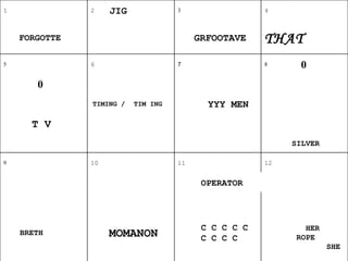 DIRECTIONS:  Each block represents a saying or well-known phrase.  DIRECTIONS:  Each block represents a saying or well-known phrase.  HISTORY  C  C CC  C  C C  HISTORY  YOU JUST ME  HISTORY  BALL  OPERATOR  16  15  14  13  SHE  HER ROPE  C C C C C C C C C MOMANON  BRETH   OPERATOR  12  11  10  9  SILVER  T V  YYY MEN   TIM ING  TIMING / 0 0  8  7  6  5  THAT  GRFOOTAVE  FORGOTTE  4  3  JIG   2  1  