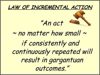 LAW OF INCREMENTAL ACTION ” An act  ~ no matter how small ~  if consistently and continuously repeated will result in gargantuan outcomes.” 