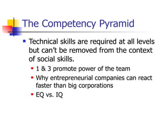 The Competency Pyramid Technical skills are required at all levels but can’t be removed from the context of social skills. 1 & 3 promote power of the team Why entrepreneurial companies can react faster than big corporations EQ vs. IQ 