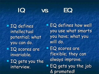 IQ  vs.    EQ IQ defines intellectual potential; what you can do. IQ scores are invariable. IQ gets you the interview. EQ defines how well you use what smarts you have; what you will do. EQ scores are flexible; they can always improve. EQ gets you the job & promoted! 