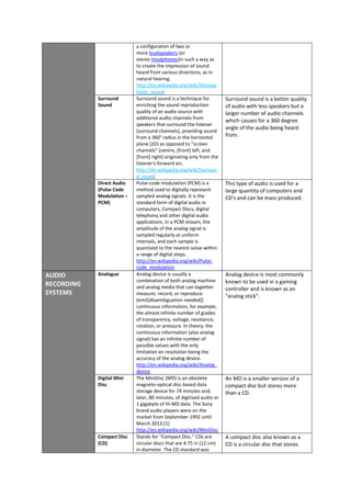a configuration of two or
more loudspeakers (or
stereo headphones)in such a way as
to create the impression of sound
heard from various directions, as in
natural hearing.
http://en.wikipedia.org/wiki/Stereop
honic_sound
Surround
Sound
Surround sound is a technique for
enriching the sound reproduction
quality of an audio source with
additional audio channels from
speakers that surround the listener
(surround channels), providing sound
from a 360° radius in the horizontal
plane (2D) as opposed to "screen
channels" (centre, [front] left, and
[front] right) originating only from the
listener's forward arc.
http://en.wikipedia.org/wiki/Surroun
d_sound
Surround sound is a better quality
of audio with less speakers but a
larger number of audio channels
which causes for a 360 degree
angle of the audio being heard
from.
Direct Audio
(Pulse Code
Modulation –
PCM)
Pulse-code modulation (PCM) is a
method used to digitally represent
sampled analog signals. It is the
standard form of digital audio in
computers, Compact Discs, digital
telephony and other digital audio
applications. In a PCM stream, the
amplitude of the analog signal is
sampled regularly at uniform
intervals, and each sample is
quantized to the nearest value within
a range of digital steps.
http://en.wikipedia.org/wiki/Pulse-
code_modulation
This type of audio is used for a
large quantity of computers and
CD's and can be mass produced.
AUDIO
RECORDING
SYSTEMS
Analogue Analog device is usually a
combination of both analog machine
and analog media that can together
measure, record, or reproduce
(emit[disambiguation needed])
continuous information, for example,
the almost infinite number of grades
of transparency, voltage, resistance,
rotation, or pressure. In theory, the
continuous information (also analog
signal) has an infinite number of
possible values with the only
limitation on resolution being the
accuracy of the analog device.
http://en.wikipedia.org/wiki/Analog_
device
Analog device is most commonly
known to be used in a gaming
controller and is known as an
"analog stick".
Digital Mini
Disc
The MiniDisc (MD) is an obsolete
magneto-optical disc-based data
storage device for 74 minutes and,
later, 80 minutes, of digitized audio or
1 gigabyte of Hi-MD data. The Sony
brand audio players were on the
market from September 1992 until
March 2013.[1]
http://en.wikipedia.org/wiki/MiniDisc
An MD is a smaller version of a
compact disc but stores more
than a CD.
Compact Disc
(CD)
Stands for "Compact Disc." CDs are
circular discs that are 4.75 in (12 cm)
in diameter. The CD standard was
A compact disc also known as a
CD is a circular disc that stores
 