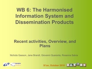 Xi’an, October 2010
WB 6: The Harmonised
Information System and
Dissemination Products
Recent activities, Overview, and
Plans
Nichola Geeson, Jane Brandt, Giovanni Quaranta, Rosanna Salvia
 