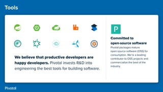 Tools
Committed to
open-source software
Pivotal packages mature
open-source software (OSS) for
consumption. We’re a leading
contributor to OSS projects and
commercialize the best of the
industry.
We believe that productive developers are
happy developers. Pivotal invests R&D into
engineering the best tools for building software.
 