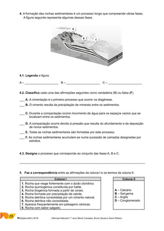 4. A formação das rochas sedimentares é um processo longo que compreende várias fases.
A figura seguinte representa algumas dessas fases.
4.1. Legenda a figura.
A – ____________________ B – ____________________ C – ____________________
4.2. Classifica cada uma das afirmações seguintes como verdadeira (V) ou falsa (F).
___ A. A cimentação é o primeiro processo que ocorre na diagénese.
___ B. O cimento resulta da precipitação de minerais entre os sedimentos.
___ C. Durante a compactação ocorre movimento de água para os espaços vazios que se
localizam entre os sedimentos.
___ D. A compactação ocorre devido à pressão que resulta do afundamento e da deposição
de novos sedimentos.
___ E. Todas as rochas sedimentares são formadas por este processo.
___ F. As rochas sedimentares acumulam-se numa sucessão de camadas designadas por
estratos.
4.3. Designa o processo que corresponde ao conjunto das fases A, B e C.
__________________________________________________________________________________
5. Faz a correspondência entre as afirmações da coluna I e os termos da coluna II.
Coluna I Coluna II
1. Rocha que reage fortemente com o ácido clorídrico.
2. Rocha quimiogénica constituída por halite.
3. Rocha biogénica formada a partir de corais.
4. Rocha formada por precipitação de calcite.
5. Rocha detrítica consolidada por um cimento natural.
6. Rocha detrítica não consolidada.
7. Aparece frequentemente em paisagens cársicas.
8. Rocha com sabor salgado.
A – Calcário
B – Sal-gema
C – Argila
D – Conglomerado
♥Edições ASA | 2018 Ciências Naturais 7.º ano | Bento Cavadas, Bruno Sousa e Nuno Ribeiro
 