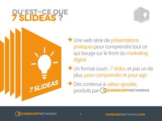 QU’EST-CE QUE 7 SLIDEAS ?

o Une web série de présentations pratiques
pour comprendre tout ce qui bouge sur le
front du marketing digital

o Un format court : 7 slides, et pas un de
plus, pour comprendre et pour agir

o Des contenus à valeur ajoutée, produits
par

9

 