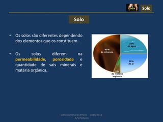 Ciências Naturais 8ºano 2010/2011
A/S Pinheiro
Solo
• Os solos são diferentes dependendo
dos elementos que os constituem.
• Os solos diferem na
permeabilidade, porosidade e
quantidade de sais minerais e
matéria orgânica.
Solo
 