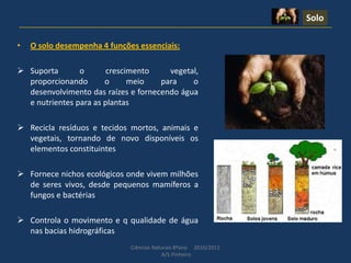 Ciências Naturais 8ºano 2010/2011
A/S Pinheiro
Solo
• O solo desempenha 4 funções essenciais:
 Suporta o crescimento vegetal,
proporcionando o meio para o
desenvolvimento das raízes e fornecendo água
e nutrientes para as plantas
 Recicla resíduos e tecidos mortos, animais e
vegetais, tornando de novo disponíveis os
elementos constituintes
 Fornece nichos ecológicos onde vivem milhões
de seres vivos, desde pequenos mamíferos a
fungos e bactérias
 Controla o movimento e q qualidade de água
nas bacias hidrográficas
 