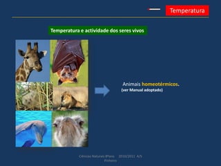 Ciências Naturais 8ºano 2010/2011 A/S
Pinheiro
Temperatura
Temperatura e actividade dos seres vivos
Animais homeotérmicos.
(ver Manual adoptado)
 