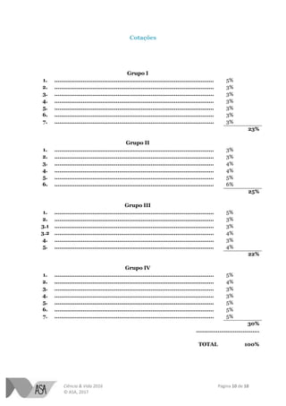 Ciência & Vida 2016 Página 10 de 10
© ASA, 2017
Cotações
Grupo I
1. …………………………………………………………………………………… 5%
2. …………………………………………………………………………………… 3%
3. …………………………………………………………………………………… 3%
4. …………………………………………………………………………………… 3%
5. …………………………………………………………………………………… 3%
6. …………………………………………………………………………………… 3%
7. …………………………………………………………………………………… 3%
23%
Grupo II
1. …………………………………………………………………………………… 3%
2. …………………………………………………………………………………… 3%
3. …………………………………………………………………………………… 4%
4. …………………………………………………………………………………… 4%
5. …………………………………………………………………………………… 5%
6. …………………………………………………………………………………… 6%
25%
Grupo III
1. …………………………………………………………………………………… 5%
2. …………………………………………………………………………………… 3%
3.1 …………………………………………………………………………………… 3%
3.2 …………………………………………………………………………………… 4%
4. …………………………………………………………………………………… 3%
5. …………………………………………………………………………………… 4%
22%
Grupo IV
1. …………………………………………………………………………………… 5%
2. …………………………………………………………………………………… 4%
3. …………………………………………………………………………………… 3%
4. …………………………………………………………………………………… 3%
5. …………………………………………………………………………………… 5%
6. …………………………………………………………………………………… 5%
7. …………………………………………………………………………………… 5%
30%
………………..………………
TOTAL 100%
 
