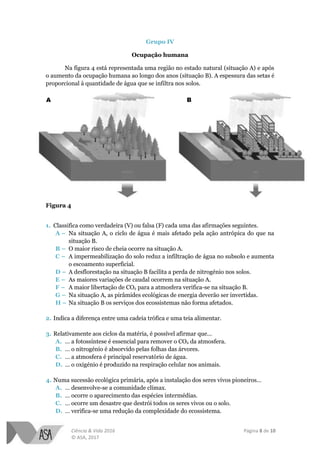 Ciência & Vida 2016 Página 8 de 10
© ASA, 2017
Grupo IV
Ocupação humana
Na figura 4 está representada uma região no estado natural (situação A) e após
o aumento da ocupação humana ao longo dos anos (situação B). A espessura das setas é
proporcional à quantidade de água que se infiltra nos solos.
Figura 4
1. Classifica como verdadeira (V) ou falsa (F) cada uma das afirmações seguintes.
A – Na situação A, o ciclo de água é mais afetado pela ação antrópica do que na
situação B.
B – O maior risco de cheia ocorre na situação A.
C – A impermeabilização do solo reduz a infiltração de água no subsolo e aumenta
o escoamento superficial.
D – A desflorestação na situação B facilita a perda de nitrogénio nos solos.
E – As maiores variações de caudal ocorrem na situação A.
F – A maior libertação de CO2 para a atmosfera verifica-se na situação B.
G – Na situação A, as pirâmides ecológicas de energia deverão ser invertidas.
H – Na situação B os serviços dos ecossistemas não forma afetados.
2. Indica a diferença entre uma cadeia trófica e uma teia alimentar.
3. Relativamente aos ciclos da matéria, é possível afirmar que…
A. … a fotossíntese é essencial para remover o CO2 da atmosfera.
B. … o nitrogénio é absorvido pelas folhas das árvores.
C. … a atmosfera é principal reservatório de água.
D. … o oxigénio é produzido na respiração celular nos animais.
4. Numa sucessão ecológica primária, após a instalação dos seres vivos pioneiros…
A. … desenvolve-se a comunidade clímax.
B. … ocorre o aparecimento das espécies intermédias.
C. … ocorre um desastre que destrói todos os seres vivos ou o solo.
D. … verifica-se uma redução da complexidade do ecossistema.
A B
 