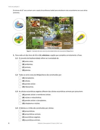 Teste de avaliação 1
4 Editável e fotocopiável © Texto ● CN 8.o ano
Os alunos do 8.o
ano contam com o apoio da professora Isabel para estudarem este ecossistema nas suas várias
vertentes.
Figura 2 – Exemplos de seres vivos da comunidade biótica do ecossistema Melgacharco.
1. Para cada um dos itens de 1.1 a 1.6, seleciona a opção que completa corretamente a frase.
1.1 O conceito de biodiversidade refere-se à variedade de:
(A) seres vivos.
(B) ambientes.
(C) animais.
(D) plantas.
1.2 Todos os seres vivos do Melgacharco são constituídos por:
(A) cloroplastos.
(B) células.
(C) parede celular.
(D) ribossomas.
1.3 As células eucarióticas vegetais diferem das células eucarióticas animais por possuírem:
(A) parede celular e membrana celular.
(B) núcleo e mitocôndrias.
(C) parede celular e cloroplastos.
(D) citoplasma e núcleo.
1.4 A libélula e o tritão são constituídos por células:
(A) procarióticas.
(B) procarióticas animais.
(C) eucarióticas vegetais.
(D) eucarióticas animais.
 