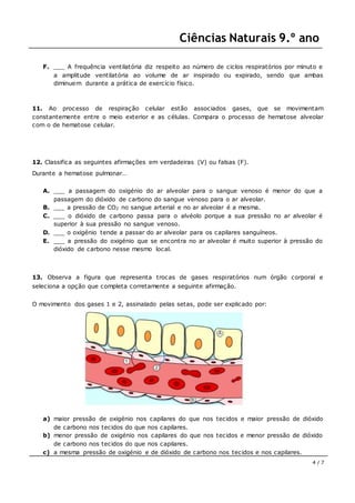 Ciências Naturais 9.º ano
4 / 7
F. ___ A frequência ventilatória diz respeito ao número de ciclos respiratórios por minuto e
a amplitude ventilatória ao volume de ar inspirado ou expirado, sendo que ambas
diminuem durante a prática de exercício físico.
11. Ao processo de respiração celular estão associados gases, que se movimentam
constantemente entre o meio exterior e as células. Compara o processo de hematose alveolar
com o de hematose celular.
12. Classifica as seguintes afirmações em verdadeiras (V) ou falsas (F).
Durante a hematose pulmonar…
A. ___ a passagem do oxigénio do ar alveolar para o sangue venoso é menor do que a
passagem do dióxido de carbono do sangue venoso para o ar alveolar.
B. ___ a pressão de CO2 no sangue arterial e no ar alveolar é a mesma.
C. ___ o dióxido de carbono passa para o alvéolo porque a sua pressão no ar alveolar é
superior à sua pressão no sangue venoso.
D. ___ o oxigénio tende a passar do ar alveolar para os capilares sanguíneos.
E. ___ a pressão do oxigénio que se encontra no ar alveolar é muito superior à pressão do
dióxido de carbono nesse mesmo local.
13. Observa a figura que representa trocas de gases respiratórios num órgão corporal e
seleciona a opção que completa corretamente a seguinte afirmação.
O movimento dos gases 1 e 2, assinalado pelas setas, pode ser explicado por:
a) maior pressão de oxigénio nos capilares do que nos tecidos e maior pressão de dióxido
de carbono nos tecidos do que nos capilares.
b) menor pressão de oxigénio nos capilares do que nos tecidos e menor pressão de dióxido
de carbono nos tecidos do que nos capilares.
c) a mesma pressão de oxigénio e de dióxido de carbono nos tecidos e nos capilares.
 