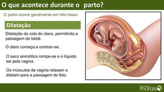 O que acontece durante o parto?
O parto ocorre geralmente em três fases:

 Dilatação
 Dilatação do colo do útero, permitindo a
 passagem do bebé.

 O útero começa a contrair-se.

 O saco amniótico rompe-se e o líquido
 sai pela vagina

 Os músculos da vagina relaxam e
 dilatam para a passagem do feto.
 