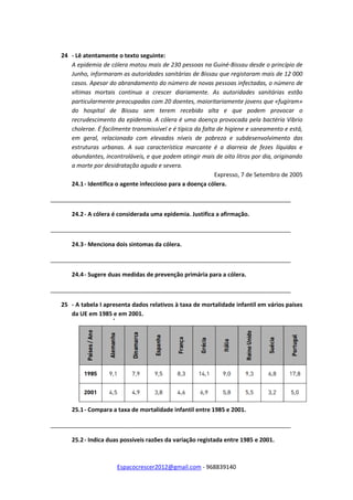 Espacocrescer2012@gmail.com - 968839140
24 - Lê atentamente o texto seguinte:
A epidemia de cólera matou mais de 230 pessoas na Guiné-Bissau desde o princípio de
Junho, informaram as autoridades sanitárias de Bissau que registaram mais de 12 000
casos. Apesar do abrandamento do número de novas pessoas infectadas, o número de
vítimas mortais continua a crescer diariamente. As autoridades sanitárias estão
particularmente preocupadas com 20 doentes, maioritariamente jovens que «fugiram»
do hospital de Bissau sem terem recebido alta e que podem provocar o
recrudescimento da epidemia. A cólera é uma doença provocada pela bactéria Vibrio
cholerae. É facilmente transmissível e é típica da falta de higiene e saneamento e está,
em geral, relacionada com elevados níveis de pobreza e subdesenvolvimento das
estruturas urbanas. A sua característica marcante é a diarreia de fezes líquidas e
abundantes, incontroláveis, e que podem atingir mais de oito litros por dia, originando
a morte por desidratação aguda e severa.
Expresso, 7 de Setembro de 2005
24.1- Identifica o agente infeccioso para a doença cólera.
__________________________________________________________________________
24.2- A cólera é considerada uma epidemia. Justifica a afirmação.
__________________________________________________________________________
24.3- Menciona dois sintomas da cólera.
__________________________________________________________________________
24.4- Sugere duas medidas de prevenção primária para a cólera.
__________________________________________________________________________
25 - A tabela I apresenta dados relativos à taxa de mortalidade infantil em vários países
da UE em 1985 e em 2001.
25.1- Compara a taxa de mortalidade infantil entre 1985 e 2001.
__________________________________________________________________________
25.2- Indica duas possíveis razões da variação registada entre 1985 e 2001.
 