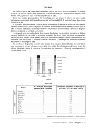 GRUPO II

    No início do século XX, o lobo ibérico era ainda comum em todo o território nacional. Eric Flower,
autor de um estudo sobre o lobo, refere que os números relativos a avistamentos diminuiu entre
1960 e 1969, agravando-se a partir das décadas de 70 e 80.
    Com base nestes pressupostos, foi desenhado, por um grupo de alunos de uma escola
portuguesa, um projecto de Educação Ambiental: o Projecto LOBO. O projecto incluiu duas linhas
de investigação:
    – a primeira teve como base a realização de 40 inquéritos à população adulta de cinco aldeias
da serra da Aboboreira, com o objectivo de recolher informações sobre a presença / distribuição do
lobo na região. Na Figura 2 estão representados o número de avistamentos e a dimensão do grupo
de lobos avistados na serra da Aboboreira;
    – a segunda teve como objectivos, determinar a distribuição e a densidade populacional do lobo
na serra da Aboboreira e avaliar o regime de ocupação das áreas vitais, com base na pesquisa e
na quantificação de indícios de presença de lobo, como sejam dejectos, rastos e esgravatados, em
percursos com um total de 27,1 km de extensão. Na Tabela 1, está registado o índice quilométrico
de indícios de presença de lobo.
    As conclusões do projecto apontam para o facto de a reduzida disponibilidade alimentar (tanto
pela escassez de presas selvagens, como pela diminuição dos efectivos pecuários ao longo das
últimas décadas), aliada à crescente humanização da paisagem, influenciar negativamente a
população de lobos.




                                                 Figura 2

                                                TABELA 1

                               n.º total de indícios de             índice quilométrico de indícios de
              meses
                               presença de lobo/mês                   presença de lobo (indícios/km)
           Outubro                         14                                             0,52
    2002




           Novembro                        11                                             0,41
           Dezembro                         9                                             0,33
           Janeiro                          6                                             0,22
           Fevereiro                        6                                             0,22
           Março                            2                                             0,07
           Abril                            3                                             0,11
    2003




           Maio                            0                                               —
           Junho                            1                                             0,04
           Julho                            2                                             0,07
           Agosto                           1                                             0,04
           Setembro                         3                                             0,11

                                                   Baseado em http://naturlink.sapo.pt (consultado em Outubro de 2010)




                                                            TI de Ciências Naturais – Versão 1 • Página 4/ 10
 