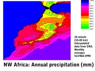 NW Africa: Annual precipitation (mm)
10 minute
(15-20 km)
Interpolated
data from CRU.
Monthly
averages
for1960-1990
 