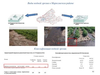 40
Классификация
Смыв почв
т/га в год мм/год
Незначительный до 0,5 до 0,05
Слабый 0,5-2 0,05-0,2
Средний 2-5 0,2-0,5
Сильный 5-10 0,5-1
Очень сильный более 10 более 1
Среднегодовой предельно допустимый смыв почв, по Г.П.Сурмачу (т/га)
Почвы
Степень смытости
Слабосмы
тые
Средне-
смытые
Сильно-
смытые
Дерново-подзолистые, светло-серые лесные
на лессовых и других рыхлых породах
2,0 1,5 1,0
Серые и темно-серые лесные, черноземные
и темно-каштановые
2,0 2,0 1,5
Классификация эрозии почв, предложенная М.Н.Заславским
Классификация водной эрозии
Виды водной эрозии в Марксовском районе
 