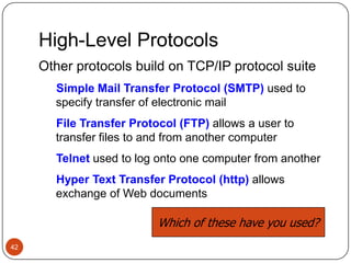 TCP/IP41User Datagram Protocol (DP)An alternative to TCP that is faster but less reliablePingA program used to test whether a particular network computer is active and reachableTracerouteA program that shows the route a packet takes across the Internet