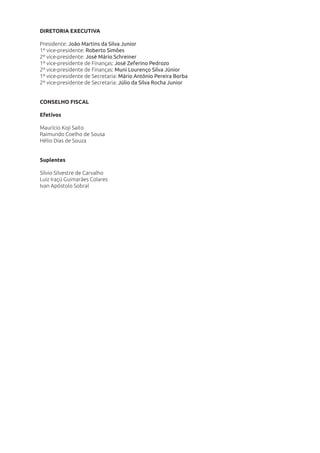 DIRETORIA EXECUTIVA
Presidente: João Martins da Silva Junior
1º vice-presidente: Roberto Simões
2º vice-presidente: José Mário Schreiner
1º vice-presidente de Finanças: José Zeferino Pedrozo
2º vice-presidente de Finanças: Muni Lourenço Silva Júnior
1º vice-presidente de Secretaria: Mário Antônio Pereira Borba
2º vice-presidente de Secretaria: Júlio da Silva Rocha Junior
CONSELHO FISCAL
Efetivos
Maurício Koji Saito
Raimundo Coelho de Sousa
Hélio Dias de Souza
Suplentes
Silvio Silvestre de Carvalho
Luiz Iraçú Guimarães Colares
Ivan Apóstolo Sobral
 