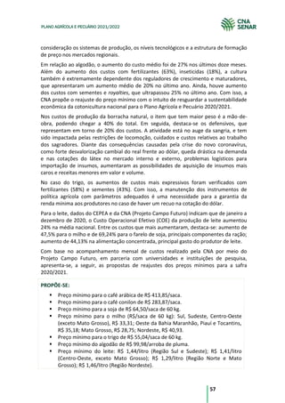 57
PLANO AGRÍCOLA E PECUÁRIO 2021/2022
consideração os sistemas de produção, os níveis tecnológicos e a estrutura de formação
de preço nos mercados regionais.
Em relação ao algodão, o aumento do custo médio foi de 27% nos últimos doze meses.
Além do aumento dos custos com fertilizantes (63%), inseticidas (18%), a cultura
também é extremamente dependente dos reguladores de crescimento e maturadores,
que apresentaram um aumento médio de 20% no último ano. Ainda, houve aumento
dos custos com sementes e royalties, que ultrapassou 25% no último ano. Com isso, a
CNA propõe o reajuste do preço mínimo com o intuito de resguardar a sustentabilidade
econômica da cotonicultura nacional para o Plano Agrícola e Pecuário 2020/2021.
Nos custos de produção da borracha natural, o item que tem maior peso é a mão-de-
obra, podendo chegar a 40% do total. Em seguida, destaca-se os defensivos, que
representam em torno de 20% dos custos. A atividade está no auge da sangria, e tem
sido impactada pelas restrições de locomoção, cuidados e custos relativos ao trabalho
dos sagradores. Diante das consequências causadas pela crise do novo coronavírus,
como forte desvalorização cambial do real frente ao dólar, queda drástica na demanda
e nas cotações do látex no mercado interno e externo, problemas logísticos para
importação de insumos, aumentaram as possibilidades de aquisição de insumos mais
caros e receitas menores em valor e volume.
No caso do trigo, os aumentos de custos mais expressivos foram verificados com
fertilizantes (58%) e sementes (43%). Com isso, a manutenção dos instrumentos de
política agrícola com parâmetros adequados é uma necessidade para a garantia da
renda mínima aos produtores no caso de haver um recuo na cotação do dólar.
Para o leite, dados do CEPEA e da CNA (Projeto Campo Futuro) indicam que de janeiro a
dezembro de 2020, o Custo Operacional Efetivo (COE) da produção de leite aumentou
24% na média nacional. Entre os custos que mais aumentaram, destaca-se: aumento de
47,5% para o milho e de 69,24% para o farelo de soja, principais componentes da ração;
aumento de 44,13% na alimentação concentrada, principal gasto do produtor de leite.
Com base no acompanhamento mensal de custos realizado pela CNA por meio do
Projeto Campo Futuro, em parceria com universidades e instituições de pesquisa,
apresenta-se, a seguir, as propostas de reajustes dos preços mínimos para a safra
2020/2021.
PROPÕE-SE:
Preço mínimo para o café arábica de R$ 413,85/saca.
Preço mínimo para o café conilon de R$ 283,87/saca.
Preço mínimo para a soja de R$ 64,50/saca de 60 kg.
Preço mínimo para o milho (R$/saca de 60 kg): Sul, Sudeste, Centro-Oeste
(exceto Mato Grosso), R$ 33,31; Oeste da Bahia Maranhão, Piauí e Tocantins,
R$ 35,18; Mato Grosso, R$ 28,75; Nordeste, R$ 40,93.
Preço mínimo para o trigo de R$ 55,04/saca de 60 kg.
Preço mínimo do algodão de R$ 99,98/arroba de pluma.
Preço mínimo do leite: R$ 1,44/litro (Região Sul e Sudeste); R$ 1,41/litro
(Centro-Oeste, exceto Mato Grosso); R$ 1,29/litro (Região Norte e Mato
Grosso); R$ 1,46/litro (Região Nordeste).
 