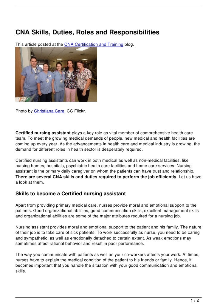 nursing assistant duties and responsibilities