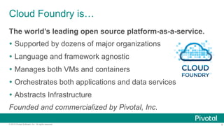 8© 2015 Pivotal Software, Inc. All rights reserved.
Cloud Foundry is…
The world’s leading open source platform-as-a-service.
Ÿ  Supported by dozens of major organizations
Ÿ  Language and framework agnostic
Ÿ  Manages both VMs and containers
Ÿ  Orchestrates both applications and data services
Ÿ  Abstracts Infrastructure
Founded and commercialized by Pivotal, Inc.
 