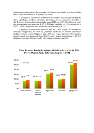 principalmente pela melhora dos preços da carne bovina, estimulados pelo desequilíbrio
entre a oferta e a demanda, e da produção de suínos.
        A elevação do consumo de carne bovina no mundo e a dificuldade sentida para
elevar a produção, devido ao abatimento de matrizes em anos anteriores, sustentam a
alta de preços desse produto, cuja cotação supera 2010 em 12,7%. O rendimento bruto
dos produtores de carne deve sair de R$ 43,2 bilhões, recebidos em 2010, para chegar a
R$ 50,1 bilhões no presente ano, acumulando crescimento de 16,2%.
       A produção de carne suína, estimada para 2011, deve chegar a 3,6 milhões de
toneladas, ultrapassando em 10,7% os 3,2 milhões obtidos no ano anterior. Uma maior
produção somada a uma inflação de quase 10% nos preços recebidos pelo produtor,
podem garantir um faturamento bruto 20,9% maior, quando comparamos os R$ 8,4
bilhões recebidos em 2010 com os R$ 10,1 bilhões estimados para 2011.




         Valor Bruto da Produção Agropecuária Brasileira - 2010 e 2011
              Preços Médios Reais, deflacionados pelo IGP-DI


300,00
                                                                                    270,92
            2010     2011                                                  251,53
250,00


200,00                                             167,24
                                          155,77

150,00
                   87,39                                    95,76 103,69
           75,49            80,28 79,85
100,00


 50,00


  0,00
          Safra de Grãos      Outros        Agricultura       Pecuária      Agropecuária
                             Produtos
                             Agrícolas
 