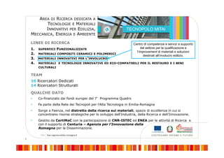 6
AREA DI RICERCA DEDICATA A
TECNOLOGIE E MATERIALI
INNOVATIVI PER EDILIZIA,
MECCANICA, ENERGIA E AMBIENTE
TECNOPOLO MITAI
QUALCHE DATO
 Co-finanziato dai fondi europei del 7°Programma Quadro
 Fa parte della Rete dei Tecnopoli per l’Alta Tecnologia in Emilia-Romagna
 Sorge a Faenza, nel distretto della ricerca sui materiali, spazio di eccellenza in cui si
concentrano risorse strategiche per lo sviluppo dell'Industria, della Ricerca e dell’Innovazione.
 Gestito da CertiMaC con la partecipazione di CNR-ISTEC ed ENEA per le attività di Ricerca e
con il supporto di Centuria – Agenzia per l’Innovazione della
Romagna per la Disseminazione.
LINEE DI RICERCA
1. SUPERFICI FUNZIONALIZZATE
2. MATERIALI COMPOSITI CERAMICI E POLIMERICI
3. MATERIALI INNOVATIVI PER L’INVOLUCRO
4. MATERIALI E TECNOLOGIE INNOVATIVE ED ECO-COMPATIBILI PER IL RESTAURO E I BENI
CULTURALI
TEAM
10 Ricercatori Dedicati
14 Ricercatori Strutturati
Centro di competenze e servizi a supporto
del settore per la qualificazione e
l’improvement di materiali e soluzioni
destinati all’involucro edilizio.
 