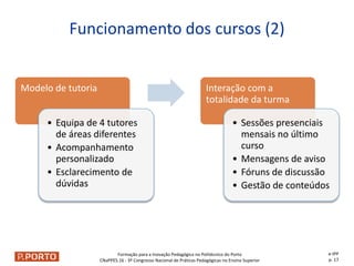 Formação para a Inovação Pedagógica no Politécnico do Porto
CNaPPES.16 - 3º Congresso Nacional de Práticas Pedagógicas no Ensino Superior
Modelo de tutoria
• Equipa de 4 tutores
de áreas diferentes
• Acompanhamento
personalizado
• Esclarecimento de
dúvidas
Interação com a
totalidade da turma
• Sessões presenciais
mensais no último
curso
• Mensagens de aviso
• Fóruns de discussão
• Gestão de conteúdos
Funcionamento dos cursos (2)
e-IPP
p. 17
 
