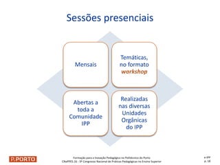 Formação para a Inovação Pedagógica no Politécnico do Porto
CNaPPES.16 - 3º Congresso Nacional de Práticas Pedagógicas no Ensino Superior
Mensais
Temáticas,
no formato
workshop
Abertas a
toda a
Comunidade
IPP
Realizadas
nas diversas
Unidades
Orgânicas
do IPP
Sessões presenciais
e-IPP
p. 18
 