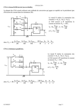 - CNA & CAN -
CNA à réseau R-2R inversé (ou en échelle).

La plupart des CNA actuels utilisent cette méthode de conversion qui gagne en rapidité sur la précédente (pas
d'inversion de courant dans les résistances 2R).

                               b2         I2
                         2R
                                                                                                Le nœud N réalise la sommation des
                                                                                                courants I = b 2 .I 2 + b1 .I1 + b 0 .I 0
                    R
                        2R     b1         I1
                                                                        R’
                                                                                                et l'AO associé à R' transforme le
                                                                                                courant en tension U S = −R'.I .
                                                                                                           U                U
        UREF        R                      I0          I                                        I 0 = b 0 . REF , I1 = b1 . REF
                        2R     b0                                  -             ∞                          8.R               4.R
                                                   N                             s                            U
                                                                                                et I 2 = b 2 . REF
                    2R
                                                                   +
                                                                                          US                   2.R




                    b 2 .U REF b1 .U REF b 0 .U REF     R'.U REF b 2 b1 b 0
donc U S = −R'.(              +         +           )=−         .( +   + )
                        2.R       4.R        8.R           R      2  4  8


CNA à résistances pondérées.


               b2                                                                              Le nœud N réalise la sommation des
                              R I2                                                             courants I = b 2 .I 2 + b1 .I1 + b 0 .I 0
                                                                                               et l'AO associé à R' transforme le courant
               b1             2R I1                                                            en tension U S = −R'.I .
                                                           I       R'
                                                                                                          U                U
                                                                                               I 0 = b 0 . REF , I1 = b1 . REF
               b0                                                                                          4.R               2.R
 UREF                         4R I0            I
                                                                             ∞                                U REF
                                                               -                               et I 2 = b 2 .
                                      N                                      s                                 R
                                                               +
                                                                                     US




                    b 2 .U REF b1 .U REF b 0 .U REF     2.R'.U REF b 2 b1 b 0
donc U S = −R'.(              +         +           )=−           .( +   + )
                         R        2.R        4.R            R       2  4  8




R.TARGET                                                                                                       - page 3 -
 