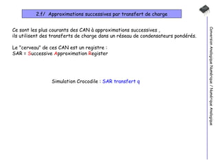 2.f/  Approximations successives par transfert de charge Conversion Analogique Numérique / Numérique Analogique Simulation Crocodile :  SAR transfert q Ce sont les plus courants des CAN à approximations successives , ils utilisent des transferts de charge dans un réseau de condensateurs pondérés. Le "cerveau" de ces CAN est un registre :  SAR =  S uccessive  A pproximation  R egister 