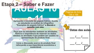 AULAS 10
e 11
Apresente o conceito de pegada hídrica. Auxilie
os estudante na análise do infográfico
"Exemplos de pegada hídrica“ e discuta a
questão com eles.
Peça que os estudantes realizem as atividades.
Reforce a importância de reservar os dados
obtidos na atividade 4 que podem ser usados na
apresentação do produto final.
Inicie a discussão acerca do produto final
reforçando a sua importância econômica e
sustentável.
Páginas do livro
158 e 159
Etapa 2 – Saber e Fazer
Datas das aulas
___ /___ /____
___ /___ /____
 