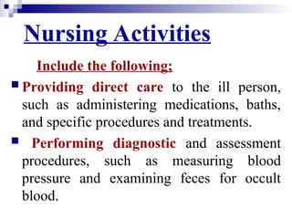 Nursing Activities
Include the following;
 Providing direct care to the ill person,
such as administering medications, baths,
and specific procedures and treatments.
 Performing diagnostic and assessment
procedures, such as measuring blood
pressure and examining feces for occult
blood.
 