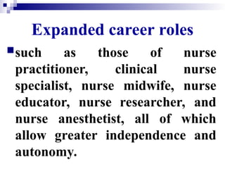 Expanded career roles
such as those of nurse
practitioner, clinical nurse
specialist, nurse midwife, nurse
educator, nurse researcher, and
nurse anesthetist, all of which
allow greater independence and
autonomy.
 