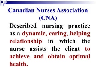 Canadian Nurses Association
(CNA)
Described nursing practice
as a dynamic, caring, helping
relationship in which the
nurse assists the client to
achieve and obtain optimal
health.
 