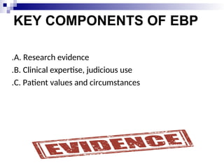 KEY COMPONENTS OF EBP
A. Research evidence
.
B. Clinical expertise, judicious use
.
C. Patient values and circumstances
.
 