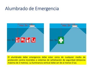 El alumbrado debe emergencia debe estar cerca de cualquier medio de
protección contra incendios o sistemas de señalización de seguridad (distancia
máxima de 2 metros). La iluminancia vertical debe ser de al menos 5 lux.
Alumbrado de Emergencia
 