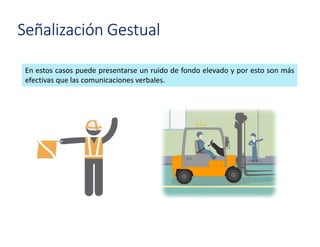 En estos casos puede presentarse un ruido de fondo elevado y por esto son más
efectivas que las comunicaciones verbales.
Señalización Gestual
 