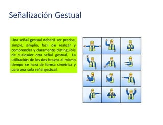 Una señal gestual deberá ser precisa,
simple, amplia, fácil de realizar y
comprender y claramente distinguible
de cualquier otra señal gestual. La
utilización de los dos brazos al mismo
tiempo se hará de forma simétrica y
para una sola señal gestual.
Señalización Gestual
 