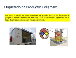 Etiquetado de Productos Peligrosos
Las zonas o locales de almacenamiento de grandes cantidades de productos
peligrosos deberán señalizarse mediante señal de advertencia apropiada, en el
lugar de almacenamiento o en el acceso al mismo.
 