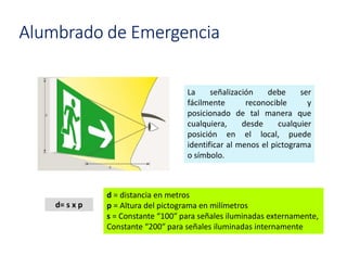 Alumbrado de Emergencia
La señalización debe ser
fácilmente reconocible y
posicionado de tal manera que
cualquiera, desde cualquier
posición en el local, puede
identificar al menos el pictograma
o símbolo.
d= s x p
d = distancia en metros
p = Altura del pictograma en milímetros
s = Constante “100″ para señales iluminadas externamente,
Constante “200″ para señales iluminadas internamente
 