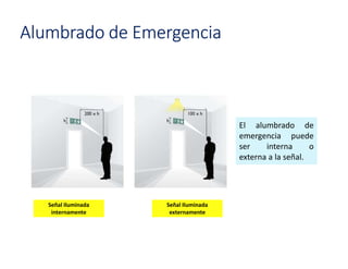 Señal Iluminada
internamente
Señal Iluminada
externamente
El alumbrado de
emergencia puede
ser interna o
externa a la señal.
Alumbrado de Emergencia
 
