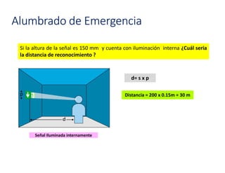 Distancia = 200 x 0.15m = 30 m
Si la altura de la señal es 150 mm y cuenta con iluminación interna ¿Cuál seria
la distancia de reconocimiento ?
Señal Iluminada internamente
d= s x p
Alumbrado de Emergencia
 